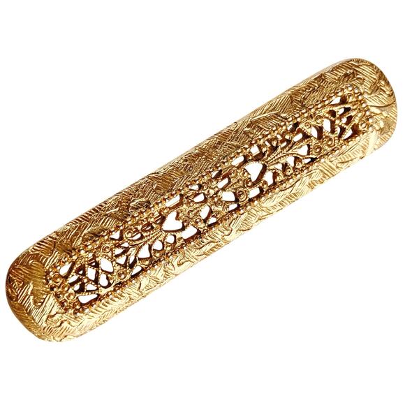 VTG 1950s Brooch Mid Century Gold Tone Filigree Bar Textured Leaf Design Pin - Picture 1 of 7